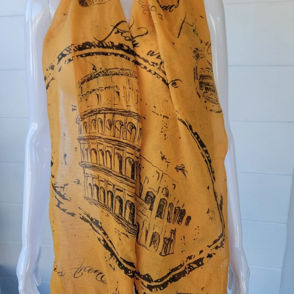 Rome Italy Themed Scarf Mustard Yellow Cotton Blend with a Sheer 70